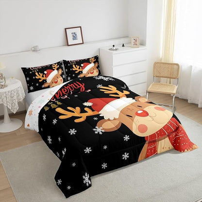 Cartoon Deer Reindeer Comforter Set King,Merry Christmas Bedding Set for Kids Boys Girls,Xmas Snowflake Duvet Insert Bedroom Decor,Happy New Year Gift Down Comforter with 2 Pillowcases Soft