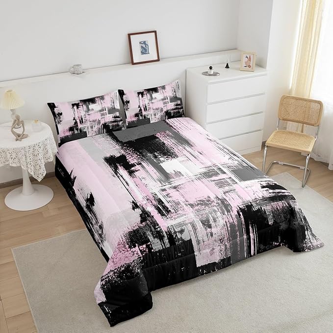 Feelyou Pink Grey Abstract Duvet Quilt Full Size Geometric Bedding Set for Kids Boys Girls Decor Modern Comforter Set Breathable Soft Lightweight Microfiber Buffalo Check Bedroom Decor Bedclothes