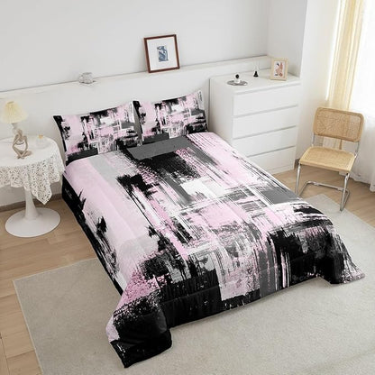 Feelyou Pink Grey Abstract Duvet Quilt Toddler Size Geometric Bedding Set for Kids Boys Girls Decor Modern Comforter Set Breathable Soft Lightweight Microfiber Buffalo Check Bedroom Decor Bedclothes