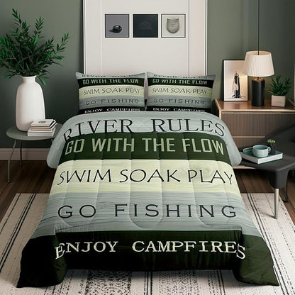 River Theme King Size Comforter Set,Kids Rustic Farmhouse Decor All Season Bedding Set,Teens Green Wood Panels Comforter,Go Fishing Decor Quilt Set Bedroom Collection 3Pcs