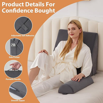 Orthopedic Bed Wedge Pillow Set 4Pcs, Adjustable Memory Foam Wedges Pillow, Pillow Wedge for Post Surgery, Back Pain Relief, Triangle Pillow for Acid Reflux, Snoring, GERD, Plush Grey