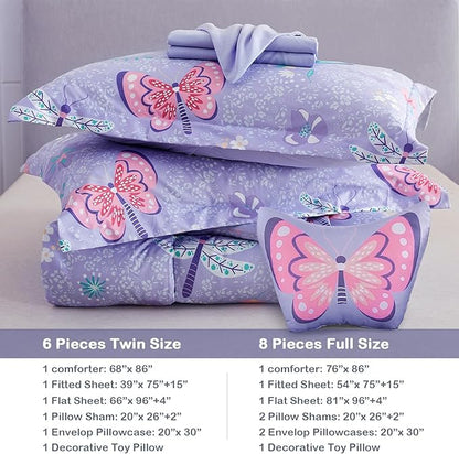Mooreeke Kids Twin Comforter Sets for Girls 6 Pieces Butterfly Purple Bedding Set for Teens Soft Microfiber Kids Bed in A Bag with Comforter, Sheet Set, Shams and Decorative Toy Pillow All Season