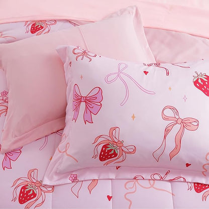 Full Size Comforter Set for Girls - 4 Pieces Pink Bow Full Bedding Sets for Kids,1 Comforter, 2 Shams and 1 Decor Pillow