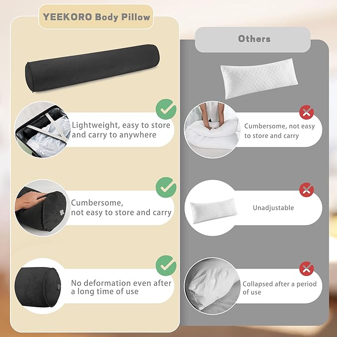 Inflatable Body Pillow for Adults Kids, 47 Inch Body Pillows for Side Sleeper, Travel Body Pillow for Bed, Bolster Pillow, Round Cervical Cylinder Pillow for Sleeping