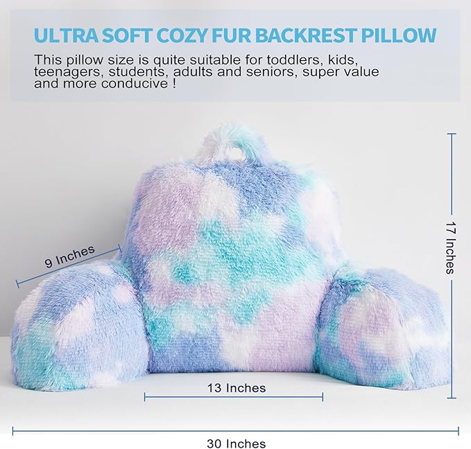 Reading Pillow for Bed Adult - Faux Fur Backrest Pillow with Arms, Ergonomic Back Rest Pillow for Sitting Up in Bed, Extra Fluffy Sit Up Pillow, Students, Teens, Kids Study Pillow, Xmas Gift