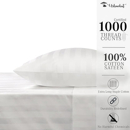 URBANHUT 1000 Thread Count Pure Cotton Damask Striped Twin Size Sheets Set (4 Pc) - Ultra Soft & Smooth, Thick & Crisp Sateen Weave Full Bedding Set, Fits Upto 16" Mattress - White