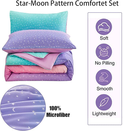 Yogeneg Rainbow Comforter Set Twin Size for Teen Girl &Boys Women,Metallic Star Moon Printed Mermaid Comforter with Pillowcase, Microfiber 2 Piece Bedding Set,All Season (Rainbow B, Twin)