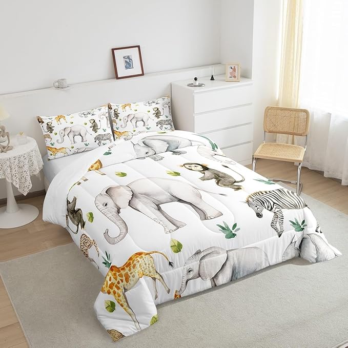 Castle Fairy Wild Animal Theme Comforter Set Twin Size Monkey Elephant Giraffe Bedding Set Bedroom Decor Tropical Wildlife Quilt Set for Kids Boys Girls Green Leaves Duvet Insert 2Pcs