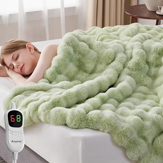 Heated Blanket Throw with 1/2/4/6/8 Hours Auto-Off 10 Heat Level, 50'' * 60'' Cozy Faux Rabbit Fur Bubble Electric Blanket with Overheat Protection(Tie-Dye Green)