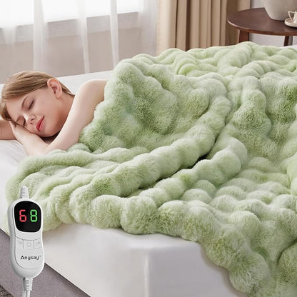 Heated Blanket Throw with 1/2/4/6/8 Hours Auto-Off 10 Heat Level, 50'' * 60'' Cozy Faux Rabbit Fur Bubble Electric Blanket with Overheat Protection(Tie-Dye Green)