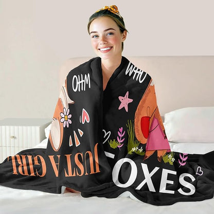 Fox Lover Blanket, Just A Girl Who Loves Foxes Blanket, Soft Warm Cozy Fleece Throw, Gifts for Girls Women Kids, 50"x60", Black