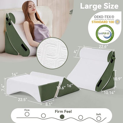 Newgoo Wedge Pillow Set for After Surgery, 5PCS XL Bed Wedge Pillow for Sleeping, Memory Foam Orthopedic Back Pillow for Pain Relief and Acid Reflux, Adjustable Post Surgery Pillow Green