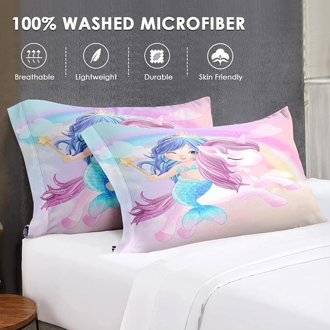 Full Size Comforter Set with 2 Pillowcases & 2 Shams, Cute Unicorn Mermaid 7 Pcs Bedding for Kids and Teens, Love Kids Rainbow Bed in a Bag with Flat Fitted Sheet