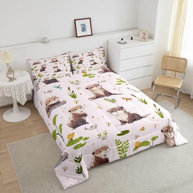 Cartoon Otter Comforter Set Cute Butterfly Wild Dragonfly Bedding Comforter for Kids Girls Teens Watercolor Lotus Leaf Lovely Wild Animal Bedroom Quilt Set with 2 Pillowcases King Size 3 Pcs
