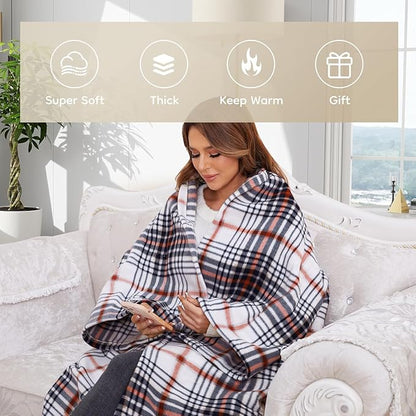 Electric Heated Blanket Throw Size - 50"x60", Soft Flannel Heating Blanket, 4 Heating Levels, 3 H Auto Shut Off, Breathable Warm and Washable for Sofa, Blue-White-Red Plaid
