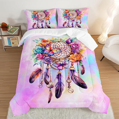 Pink Dream Catcher Comforter Set for Kids Teens Girls Room Decor,Feather Floral Comforter Queen Size,Boho Style Butterfly Print Bedding Comforter Set with 2 Pillowcases.
