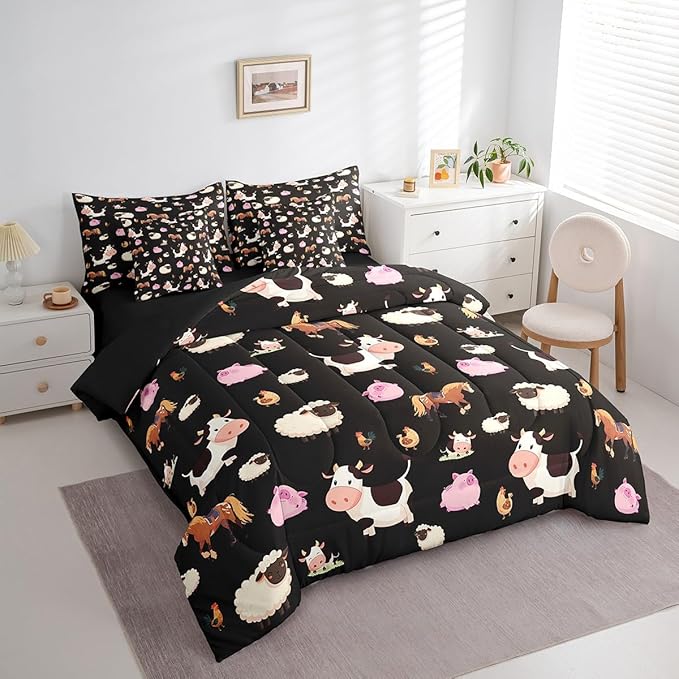 Feelyou Farm Animal 7 Piece Bedding Set Twin Size Cartoon Animals Comforter Set with Sheets for Boys Girls Black Bed in a Bag Funny Country Theme Bed Set