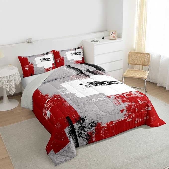 Feelyou Abstract Bedding Set Comforter Set for Kids Boys Children Modern Abstract Art Comforter Ultra Soft Decor Red Grey White Duvet Set Twin Size