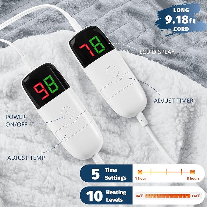 Heated Electric Blanket King Size - 90" x 100" Heating Blanket with Dual Control, 10 Heating Levels & 8 Hours Auto Off, Soft Warm Flannel Blanket, Christmas Birthday Gifts for Senior Grandma