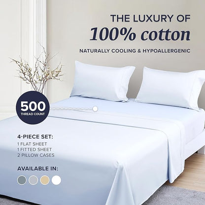 Beckham Hotel Collection Down Alternative Pillows & Cotton Sheets 4 Piece Set, 16" Deep Pocket, 2 Open End Pillowcases, King, White