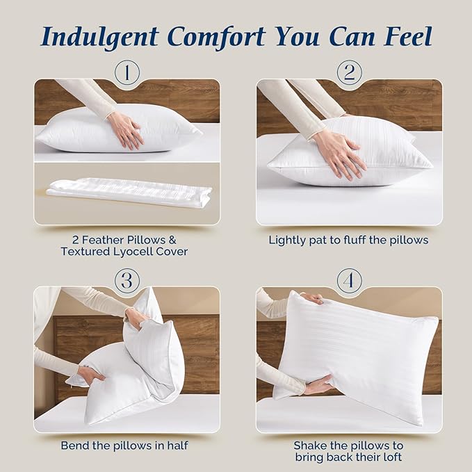 downluxe Goose Feather and Down Pillows - Hotel Collection Feather Pillows Set of 2 for Back, Stomach or Side Sleepers, King Size (20"x36")