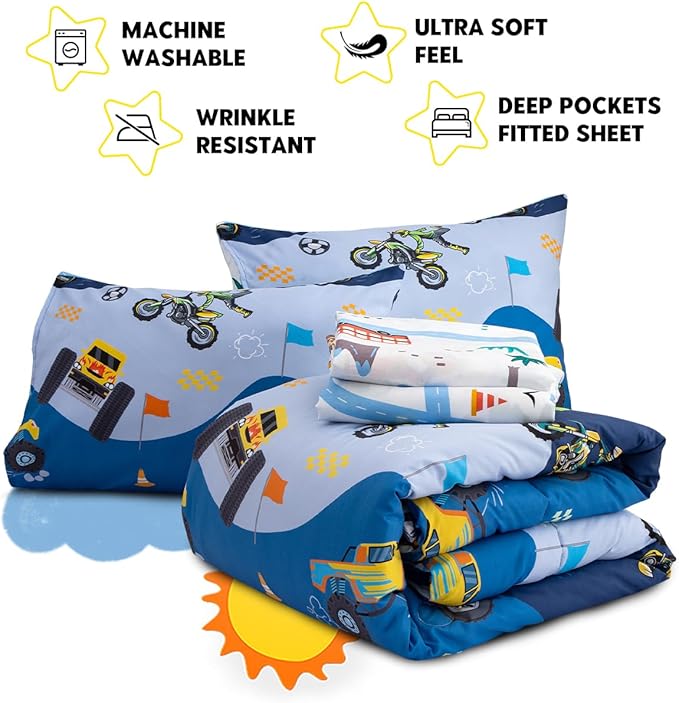 Holawakaka Trucks Tractors Cars Boys 5-Piece Bedding Comforter Sheet Set,Twin Size Cartoon Construction Car Excavator Print Kids Bed in A Bag, Excavator Mixer Truck Printed Bed Sets(Light Blue Twin)