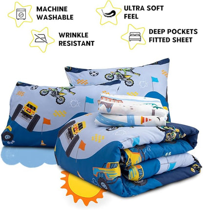 Holawakaka Trucks Tractors Cars Boys 5-Piece Bedding Comforter Sheet Set,Twin Size Cartoon Construction Car Excavator Print Kids Bed in A Bag, Excavator Mixer Truck Printed Bed Sets(Light Blue Twin)