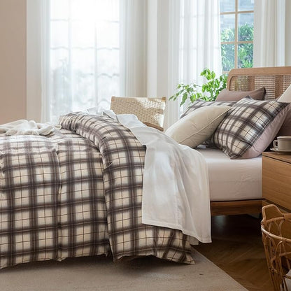 Jane yre Duvet Cover Queen Plaid Brushed Soft Microfiber Gauze Fabric Reversible 3 Pieces Bedding Set Vintage Style Checkered Pattern Queen Duvet Cover with Zipper Closure Luxury Breathable Comfy