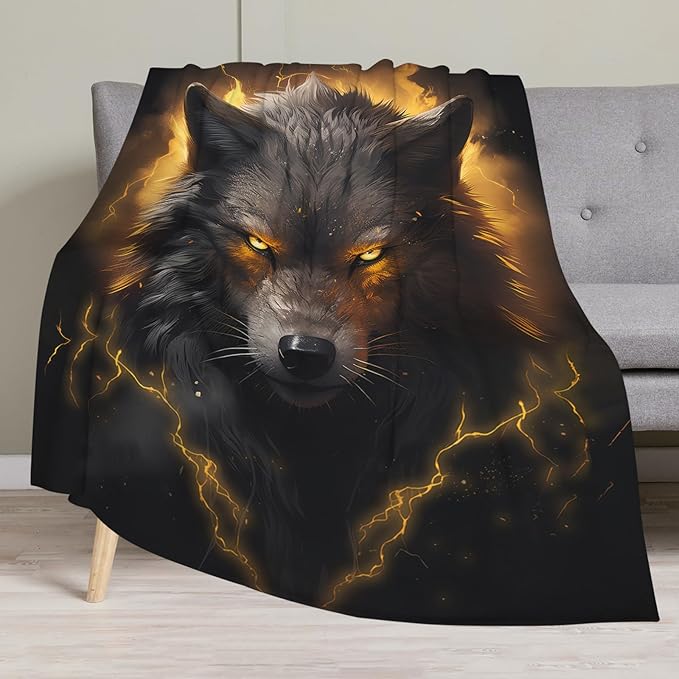 Huke Wolf Gifts Blanket, Black Gold Fire Lightning Wolf Throw Blankets,Wolf Gifts for Men Women Kids, Unique Wolf Gifts for Wolf Lovers, Wolf Gifts for Boys Girls, Cool Wolf Decor,50"X40"