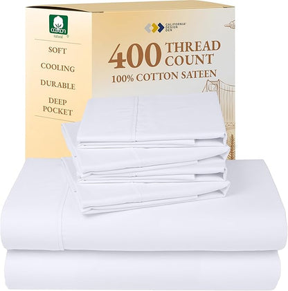 California Design Den 6 Pc King Size Sheet Set with 4 Pillowcases - Soft 400 Thread Count 100% Cotton Sheets, Sateen, Deep Pockets with All Around Elastic, Durable Bedding Set - White
