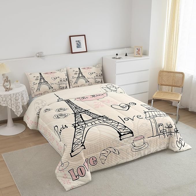 Feelyou Eiffel Tower Comforter Set King Paris Tower Comforter for Girls Romantic Rose Chic Paris Theme Bedding Set Paris Cityscape Printed Heart Love Duvet Set Room Decor Twin with 1 Pillow Case