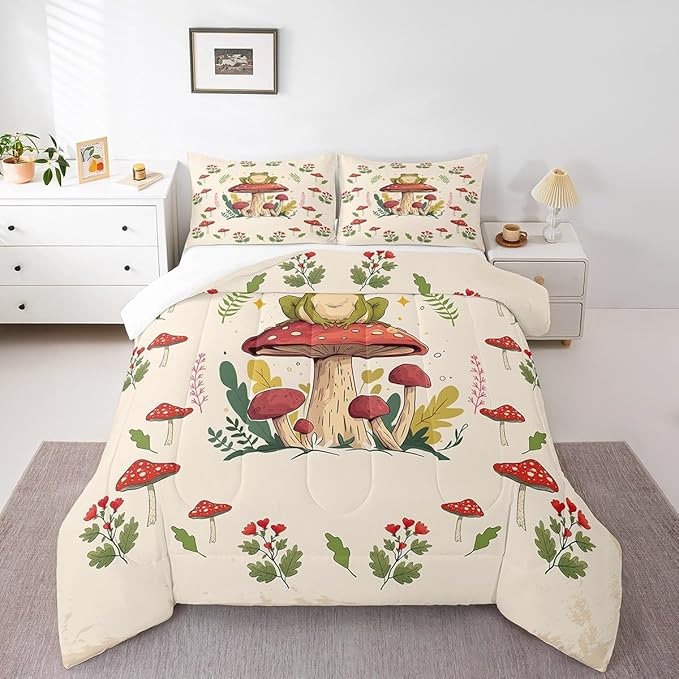 Feelyou Frog Print Bedding Set Kids Kawaii Comforter Set Frog Mushrooms Comforter Cover Set for Room Decor Botanica Cute Mushroom Decor Beige Red Duvet Set Queen Size 3Pcs Quilt Set