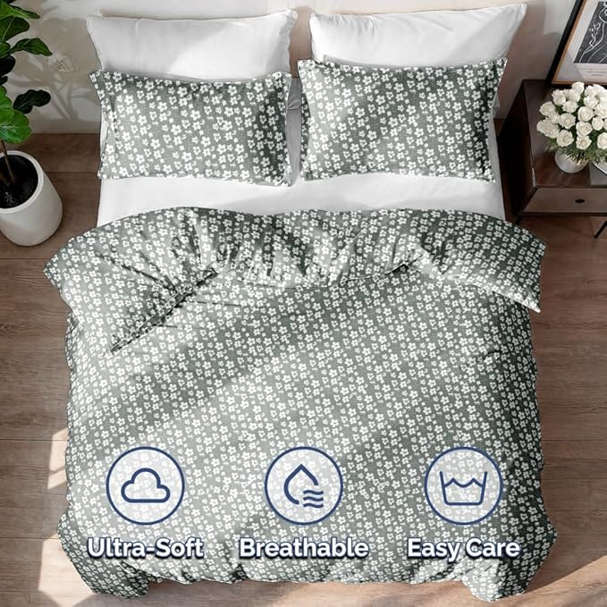 Duvet Cover Queen Size Set - Extra Soft Floral Duvet Cover 90 x 90 with 2 Pillow Shams - Comfy, Cozy, Breathable Floral Bedding Set - Hotel Luxury & Fade Free w/ Zipper Closures & Ties - Green Meadow