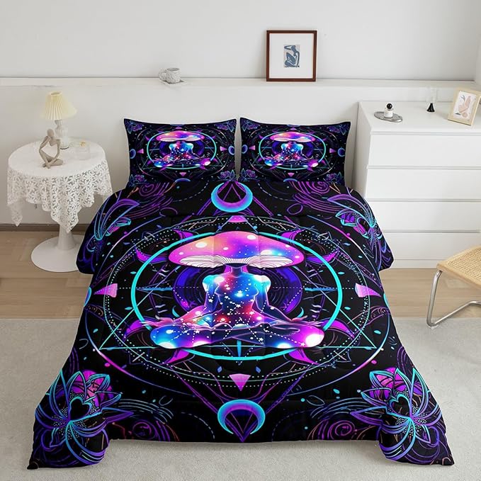 Trippy Mushroom Comforter Set King Size,Gymnastics Yoga Theme Bedding Set 3pcs,Kids Girls Adult Room Decor,Exotic Neon Purple Stars Moon Quilt Set Geometric Colorful Lines Duvet Insert,2 Pillowcases