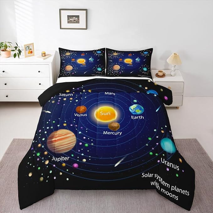 Feelyou Outer Space Comforter Set Boys Universe Planet Bedding Set for Kids Boys Girls Galaxy Comforter Planet Quilt Set 1 Comforter Set with 2 Pillowcases King Size