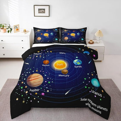 Feelyou Outer Space Comforter Set Boys Universe Planet Bedding Set for Kids Boys Girls Galaxy Comforter Planet Quilt Set 1 Comforter Set with 2 Pillowcases Queen Size
