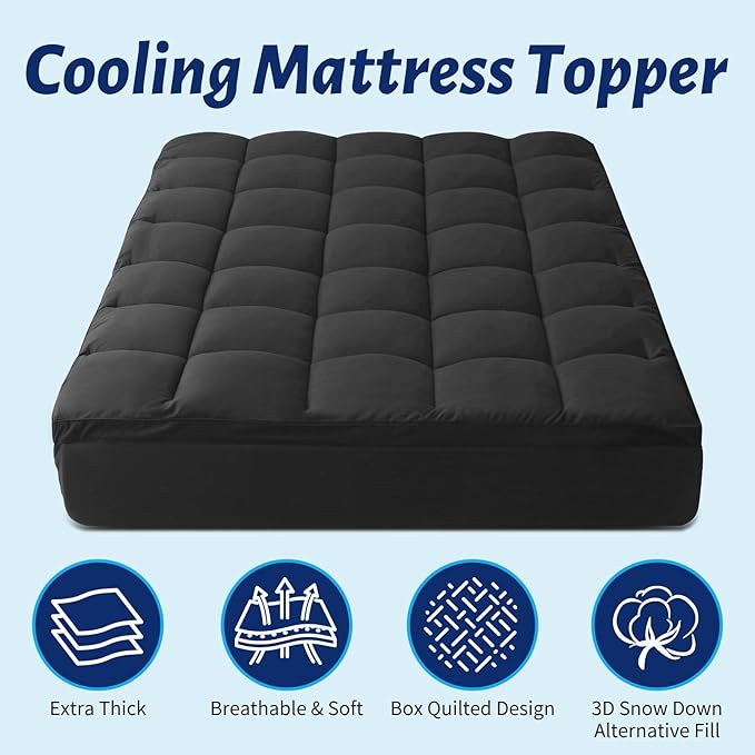 Mattress Topper with Deep Pocket, Extra Thick Pillow Top Mattress Pad, Breathable & Cooling Mattress Cover, Fits 8-21 Inch, Soft Support for Back Pain Relief, Mattress Protector (Twin, Black)