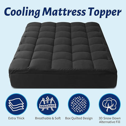 Mattress Topper with Deep Pocket, Extra Thick Pillow Top Mattress Pad, Breathable & Cooling Mattress Cover, Fits 8-21 Inch, Soft Support for Back Pain Relief, Mattress Protector (Queen, Black)