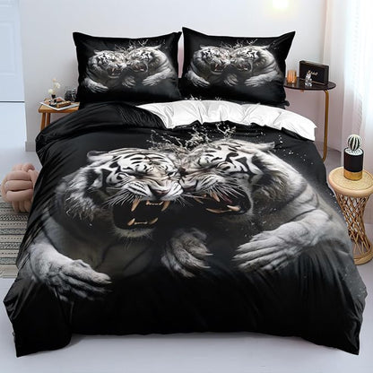Tiger Bed Duvet Comforter Cover Sets Twin Size with 2 Pillowcases for Kids Boys Teens Adult Bedroom Decor, Animal Petal Country Bedding Decor