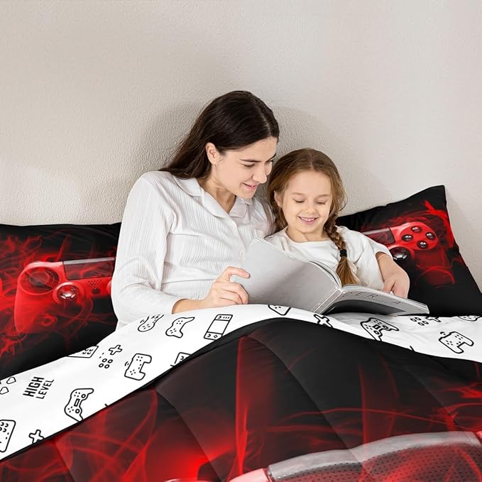 Feelyou Kids Gaming Comforter Set Twin Size Gamer Bedding Set for Boys Teens Gamer Bedroom Decor Youth Video Game Comforter Red Black with 1 Pillow Case
