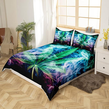 Castle Fairy Marijuana Leaf Bedding Set King Size,Purple Blue Smoky Duvet Cover for Teens Adults Bedroom,Chic Cannabis Leaves 3 Pieces Decorative Bedding,Rustic Botanical Comforter Cover,No Comforter
