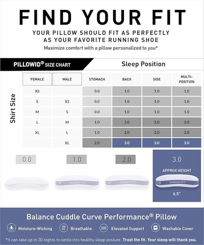 Bedgear Balance Cuddle Curve Performance Pillow - Size 3.0 - Moisture-Wicking Pillow for Side Sleepers - Medium Firmness Bed Pillow- Hypoallergenic, Washable Removable Cover - 20" W x 26" L x 6.5" H