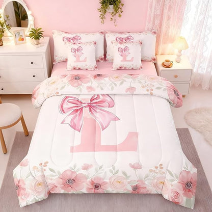 Pink Monogram L Bedding Sets, Cute Bow Tie Bowknot Bed in A Bag Queen Size for Girls Kids Teens Bedroom Decor Floral Rose Fresh Style Comforter Set with Sheets, 2 Pillowcases, 2 Throw Pillow Covers