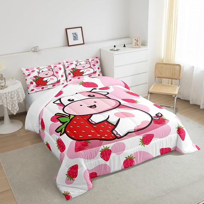 Feelyou Milk Cow Comforter Pink White Cow Strawberry Pattern Comforter Set Bedding Set for Kids Adults Kawaii Girls Milk Cow Print Duvet Set Ultra Soft Room Decor Toddler Size Quilt Set