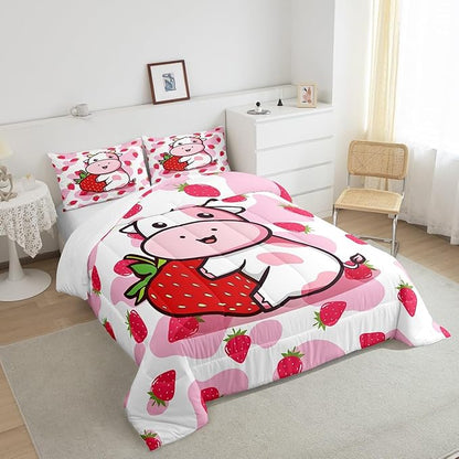 Feelyou Milk Cow Comforter Pink White Cow Strawberry Pattern Comforter Set Bedding Set for Kids Adults Kawaii Girls Milk Cow Print Duvet Set Ultra Soft Room Decor Toddler Size Quilt Set