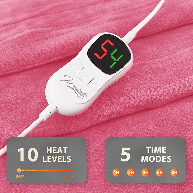 Homemate Heated Blanket Electric Throw - 50"x60" Heating Blanket Throw 1/2/4/6/8 Hours Auto-Off 10 Heat Level Over-Heat Protection Flannel Sherpa ETL Certification