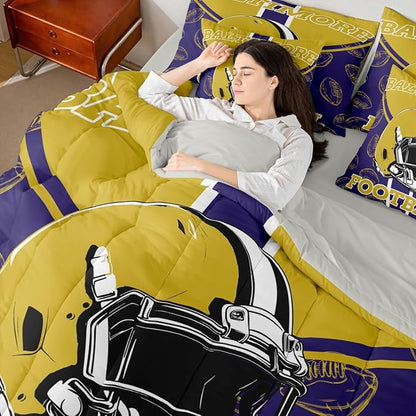 Feelyou Football Queen Comforter Set with Sheets for Kids Boys Girls Ball Games 7 Pieces Bedding Set Rugby Bed in a Bag City of Footballs Room Decor Rugby Sports Soft Lightweight