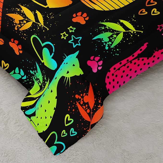 Kawaii Cat Animal Comforter 3Pcs Queen Lovely Pet Cat Bedding Set for Kid Teen Girl Boy Adult Room Decor Cartoon Kitten Paw Heart Bamboo Leaf Pattern Quilt with 1 Comforter and 2 Pillowcases