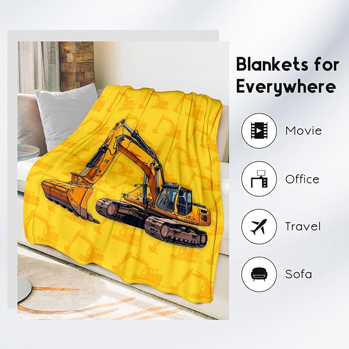 Toddler Blankets for Boys, Cozy Soft Excavator Throw Gifts for Kids, Yellow Flannel Construction Blankets for Couch Office, 30x40 Inches