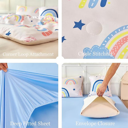 ANGIYUIN 6 Pieces Beige Rainbow Girls Full Size Comforter Set Cartoon Love Hearts Stars Bedding Set for Kids Girls Cute Soft Lightweight Bed in A Bag with Rainbow Comforter, Sheets, Pillowcases